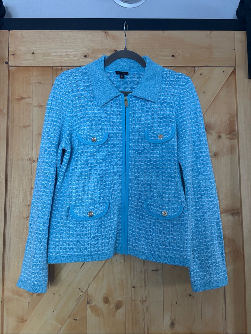 Talbots Collared Zip Cardigan- Dash Stripe-‎ Powder Blue Size Medium